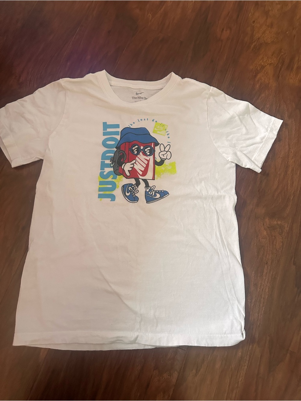 Nike White Kids Graphic 'Just Do It' Tee with Blue & Neon Yellow Accents